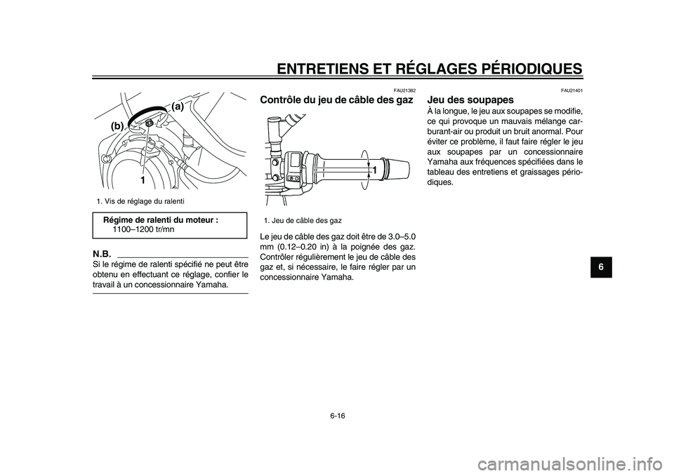 YAMAHA TDM 900 2009 Notices Demploi (in French)
ENTRETIENS ET RÉGLAGES PÉRIODIQUES
6-16
2
3
4
5
67
8
9
N.B.
Si le régime de ralenti spécifié ne peut être
obtenu en effectuant ce réglage, confier le
travail à un concessionnaire Yamaha YAMAHA TDM 900 2009 Notices Demploi (in French)
ENTRETIENS ET RÉGLAGES PÉRIODIQUES
6-16
2
3
4
5
67
8
9
N.B.
Si le régime de ralenti spécifié ne peut être
obtenu en effectuant ce réglage, confier le
travail à un concessionnaire Yamaha