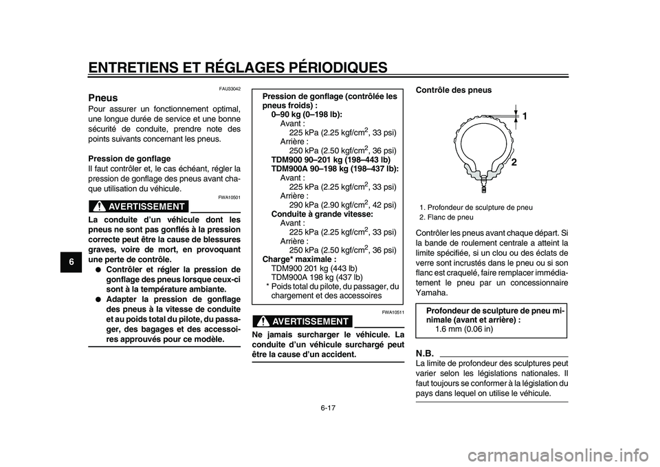 YAMAHA TDM 900 2009 Notices Demploi (in French)
ENTRETIENS ET RÉGLAGES PÉRIODIQUES
6-17
1
2
3
4
5
6
7
8
9
FAU33042
Pneus
Pour assurer un fonctionnement optimal,
une longue durée de service et une bonne
sécurité de conduite, prendre no YAMAHA TDM 900 2009 Notices Demploi (in French)
ENTRETIENS ET RÉGLAGES PÉRIODIQUES
6-17
1
2
3
4
5
6
7
8
9
FAU33042
Pneus
Pour assurer un fonctionnement optimal,
une longue durée de service et une bonne
sécurité de conduite, prendre no