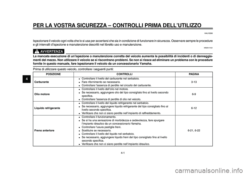 YAMAHA TDM 900 2009  Manuale duso (in Italian)  
4-1 
1
2
3
4
5
6
7
8
9
 
PER LA VOSTRA SICUREZZA 
– CONTROLLI PRIMA DELL’UTILIZZO 
HAU15596 
Ispezionare il veicolo ogni volta che lo si usa per accertarsi che sia in condizione di funzionare in