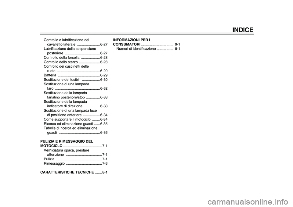 YAMAHA TDM 900 2009  Manuale duso (in Italian)  
INDICE
 
Controllo e lubrificazione del 
cavalletto laterale  ....................... 6-27
Lubrificazione della sospensione 
posteriore ................................... 6-27
Controllo della force