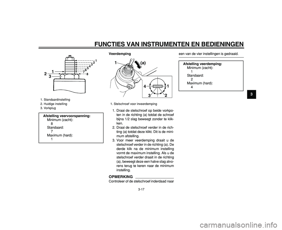 YAMAHA TDM 900 2009  Instructieboekje (in Dutch)  
FUNCTIES VAN INSTRUMENTEN EN BEDIENINGEN 
3-17 
2
34
5
6
7
8
9
 
Veerdemping 
1. Draai de stelschroef op beide vorkpo-
ten in de richting (a) totdat de schroef
bijna 1/2 slag beweegt zonder te klik-