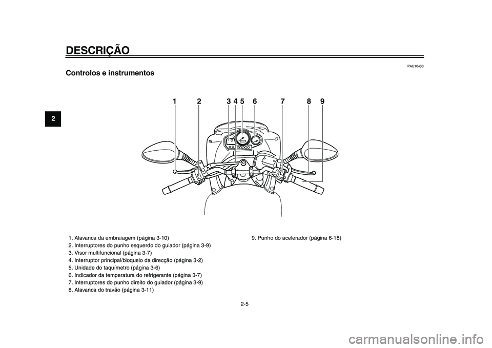 YAMAHA TDM 900 2009 Manual de utilização (in Portuguese)
DESCRIÇÃO
2-5
1
2
3
4
5
6
7
8
9
PAU10430
Controlos e instrumentos
1 2 345 6 7 8 9
1. Alavanca da embraiagem (página 3-10)
2. Interruptores do punho esquerdo do guiador (página 3-9)
3. YAMAHA TDM 900 2009 Manual de utilização (in Portuguese)
DESCRIÇÃO
2-5
1
2
3
4
5
6
7
8
9
PAU10430
Controlos e instrumentos
1 2 345 6 7 8 9
1. Alavanca da embraiagem (página 3-10)
2. Interruptores do punho esquerdo do guiador (página 3-9)
3.
