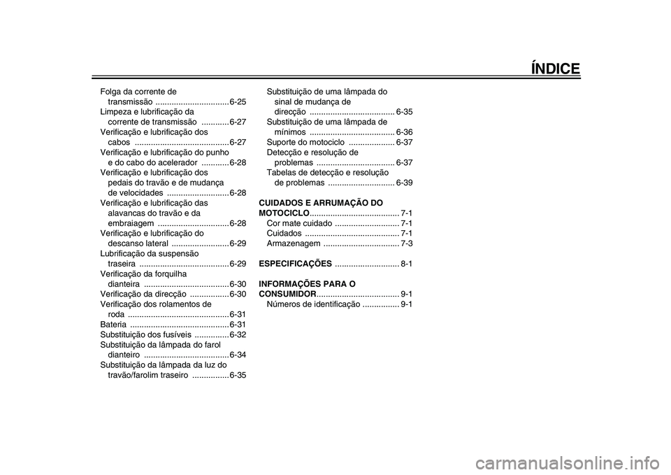 YAMAHA TDM 900 2009  Manual de utilização (in Portuguese)  
ÍNDICE 
Folga da corrente de 
transmissão ................................ 6-25
Limpeza e lubrificação da 
corrente de transmissão  ............ 6-27
Verificação e lubrificação dos 
cabos .