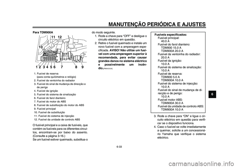 YAMAHA TDM 900 2009  Manual de utilização (in Portuguese)  
MANUTENÇÃO PERIÓDICA E AJUSTES 
6-33 
2
3
4
5
67
8
9
 
Para TDM900A 
O fusível principal e a caixa de fusíveis, que
contém os fusíveis para os diferentes circui-
tos, encontram-se por baixo d