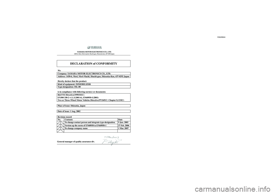 YAMAHA TDM 900 2008  Owners Manual DECLARATION of CONFORMITY
YAMAHA MOTOR ELECTRONICS CO., LTD.1450-6, Mori, Mori-machi, Shuchi-gun, Shizuoka-ken, 437-0292 Japan
General manager of quality assurance div.1
Version up the norm of EN60950