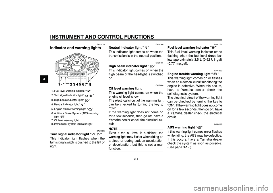 YAMAHA TDM 900 2008 User Guide  
INSTRUMENT AND CONTROL FUNCTIONS 
3-4 
1
2
3
4
5
6
7
8
9
 
EAU11003 
Indicator and warning lights  
EAU11020 
Turn signal indicator light “”  
This indicator light flashes when the
turn signal s