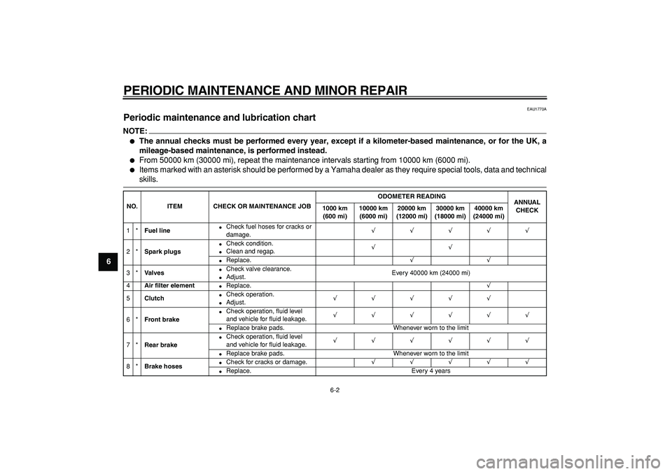 YAMAHA TDM 900 2008 Service Manual  
PERIODIC MAINTENANCE AND MINOR REPAIR 
6-2 
1
2
3
4
5
6
7
8
9
 
EAU1770A 
Periodic maintenance and lubrication chart 
NOTE:
 
 
The annual checks must be performed every year, except if a kilometer