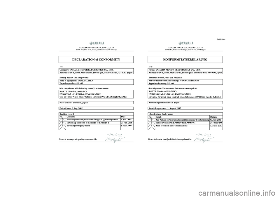 YAMAHA TDM 900 2008  Betriebsanleitungen (in German) DECLARATION of CONFORMITY
YAMAHA MOTOR ELECTRONICS CO., LTD.1450-6, Mori, Mori-machi, Shuchi-gun, Shizuoka-ken, 437-0292 Japan
General manager of quality assurance div.
KONFORMITÄTSERKLÄRUNG
YAMAHA 