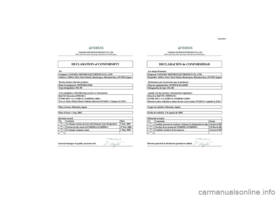 YAMAHA TDM 900 2008  Manuale de Empleo (in Spanish) DECLARATION of CONFORMITY
YAMAHA MOTOR ELECTRONICS CO., LTD.1450-6, Mori, Mori-machi, Shuchi-gun, Shizuoka-ken, 437-0292 Japan
General manager of quality assurance div.
DECLARACIÓN de CONFORMIDAD
YAM