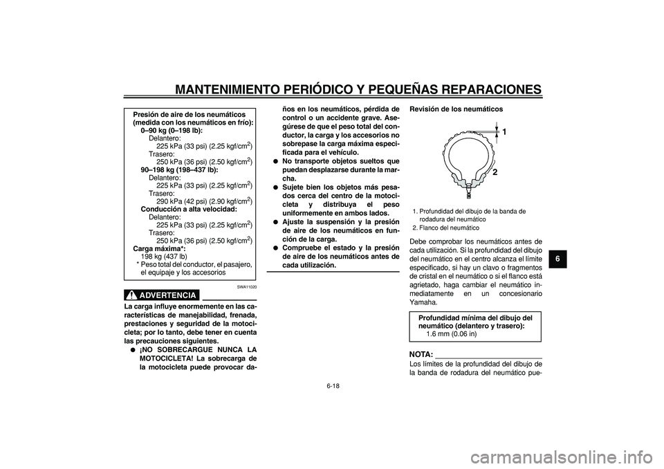 YAMAHA TDM 900 2008  Manuale de Empleo (in Spanish)  
MANTENIMIENTO PERIÓDICO Y PEQUEÑAS REPARACIONES 
6-18 
2
3
4
5
67
8
9
ADVERTENCIA
 
SWA11020 
La carga influye enormemente en las ca-
racterísticas de manejabilidad, frenada,
prestaciones y segur