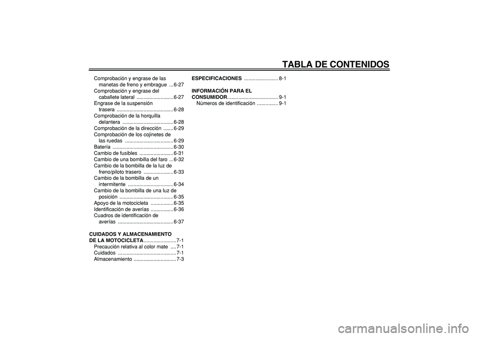 YAMAHA TDM 900 2008  Manuale de Empleo (in Spanish)  
TABLA DE CONTENIDOS 
Comprobación y engrase de las 
manetas de freno y embrague  ... 6-27
Comprobación y engrase del 
caballete lateral  .......................... 6-27
Engrase de la suspensión 
