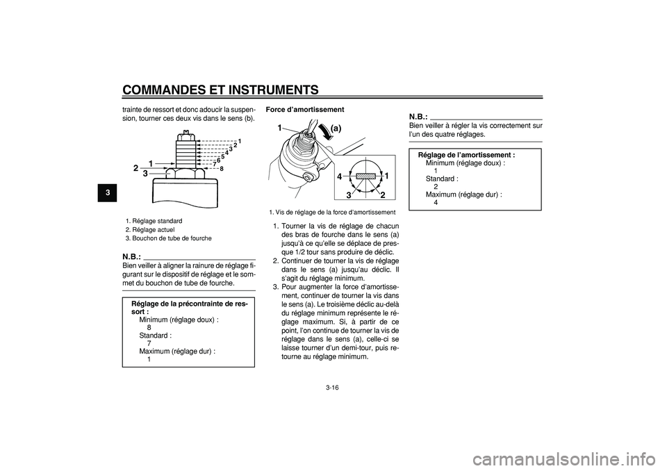 YAMAHA TDM 900 2008  Notices Demploi (in French)  
COMMANDES ET INSTRUMENTS 
3-16 
1
2
3
4
5
6
7
8
9
 
trainte de ressort et donc adoucir la suspen-
sion, tourner ces deux vis dans le sens (b).
N.B.:
 
Bien veiller à aligner la rainure de réglage 