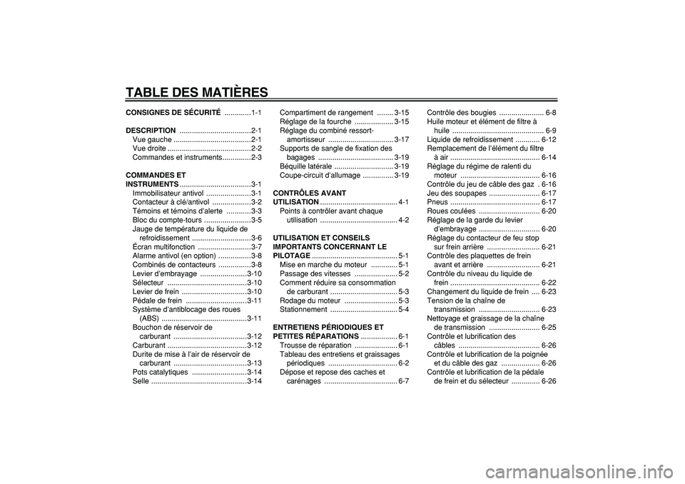 YAMAHA TDM 900 2008  Notices Demploi (in French)  
TABLE DES MATIÈRES 
CONSIGNES DE SÉCURITÉ 
 .............1-1 
DESCRIPTION 
 ...................................2-1
Vue gauche ......................................2-1
Vue droite ................