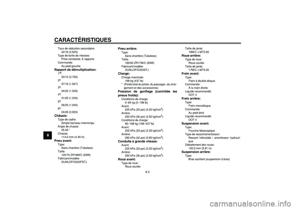 YAMAHA TDM 900 2008  Notices Demploi (in French)  
CARACTÉRISTIQUES 
8-2 
1
2
3
4
5
6
7
8
9
 
Taux de réduction secondaire: 
42/16 (2.625)
Type de boîte de vitesses: 
Prise constante, 6 rapports
Commande: 
Au pied gauche 
Rapport de démultiplica