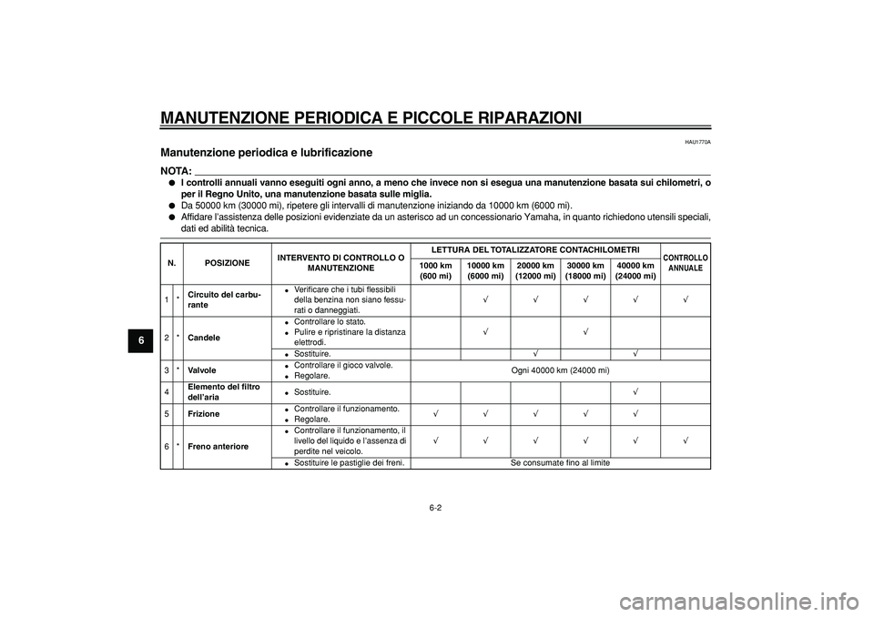 YAMAHA TDM 900 2008  Manuale duso (in Italian)  
MANUTENZIONE PERIODICA E PICCOLE RIPARAZIONI
 
6-2 
1
2
3
4
5
6
7
8
9
 
HAU1770A 
Manutenzione periodica e lubrificazione 
NOTA:
 
 
I controlli annuali vanno eseguiti ogni anno, a meno che invece 