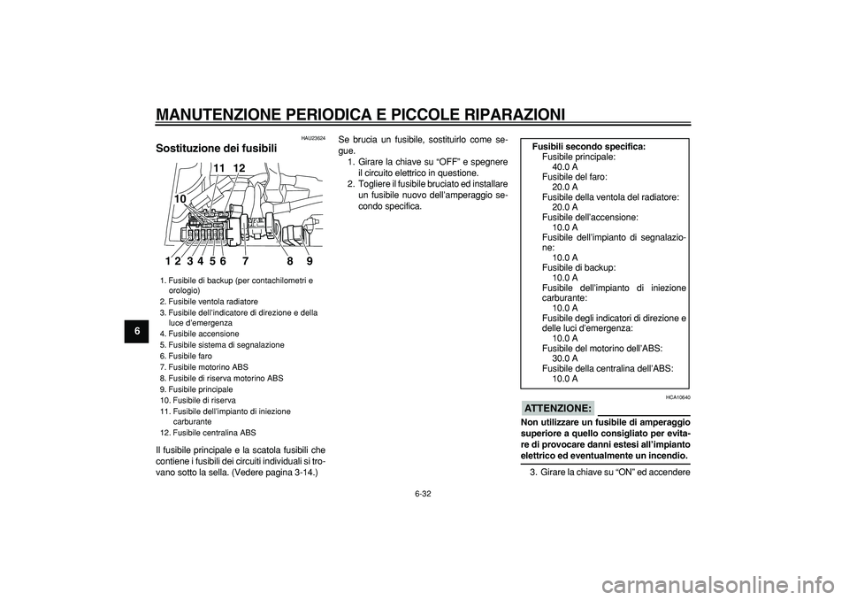 YAMAHA TDM 900 2008  Manuale duso (in Italian)  
MANUTENZIONE PERIODICA E PICCOLE RIPARAZIONI
 
6-32 
1
2
3
4
5
6
7
8
9
 
HAU23624 
Sostituzione dei fusibili  
Il fusibile principale e la scatola fusibili che
contiene i fusibili dei circuiti indiv