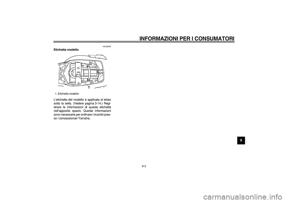 YAMAHA TDM 900 2008  Manuale duso (in Italian)  
INFORMAZIONI PER I CONSUMATORI
 
9-2 
2
3
4
5
6
7
8
9
 
HAU26540 
Etichetta modello  
L’etichetta del modello è applicata al telaio
sotto la sella. (Vedere pagina 3-14.) Regi-
strare le informazi
