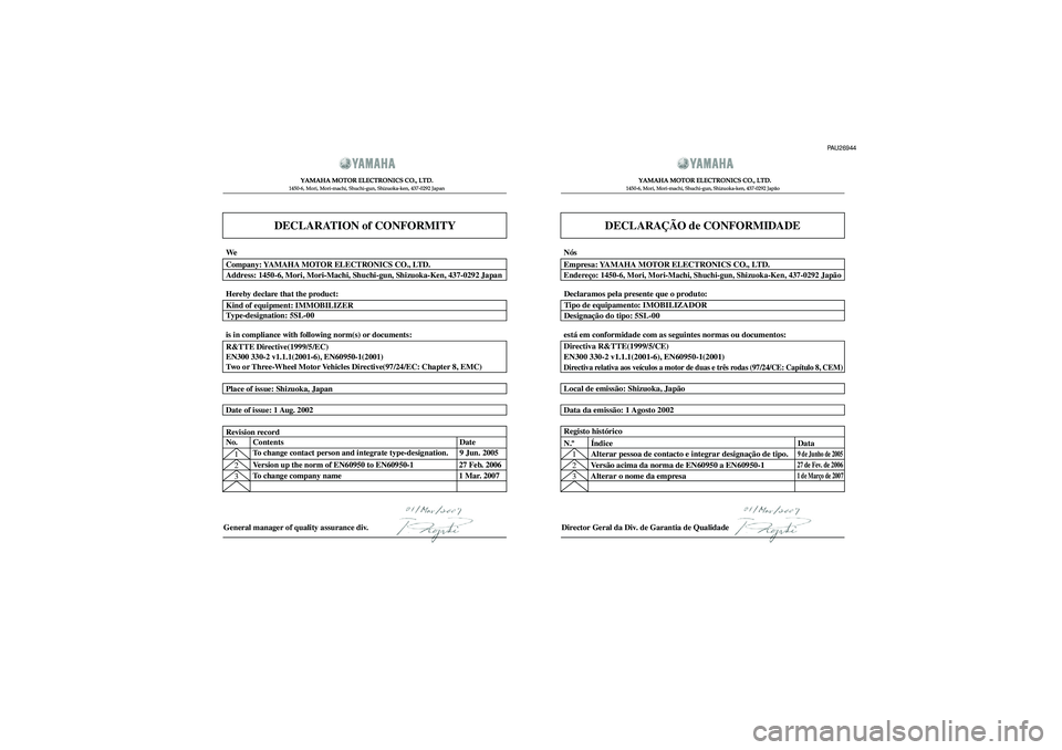 YAMAHA TDM 900 2008  Manual de utilização (in Portuguese) DECLARATION of CONFORMITY
YAMAHA MOTOR ELECTRONICS CO., LTD.1450-6, Mori, Mori-machi, Shuchi-gun, Shizuoka-ken, 437-0292 Japan
General manager of quality assurance div.
DECLARAÇÃO de CONFORMIDADE
YA