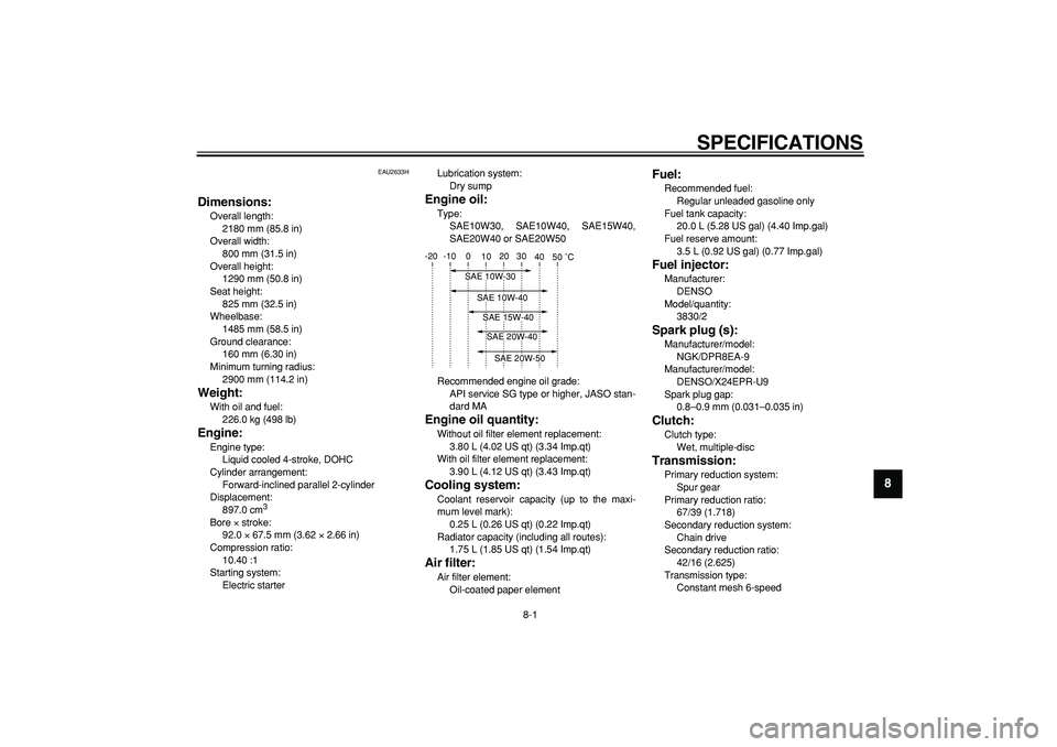 YAMAHA TDM 900 2007  Owners Manual  
8-1 
2
3
4
5
6
7
89
 
SPECIFICATIONS 
EAU2633H 
Dimensions: 
Overall length: 
2180 mm (85.8 in)
Overall width: 
800 mm (31.5 in)
Overall height: 
1290 mm (50.8 in)
Seat height: 
825 mm (32.5 in)
Whe