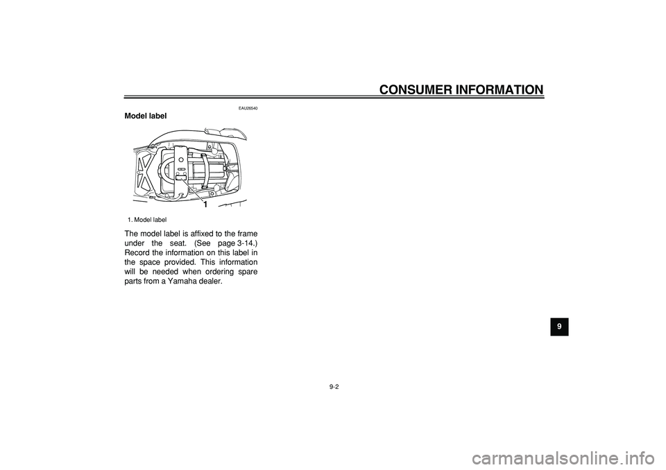 YAMAHA TDM 900 2007 Manual Online
CONSUMER INFORMATION
9-2
2
3
4
5
6
7
8
9
EAU26540
Model label
The model label is affixed to the frame
under the seat. (See page 3-14.)
Record the information on this label in
the space provid YAMAHA TDM 900 2007 Manual Online
CONSUMER INFORMATION
9-2
2
3
4
5
6
7
8
9
EAU26540
Model label
The model label is affixed to the frame
under the seat. (See page 3-14.)
Record the information on this label in
the space provid