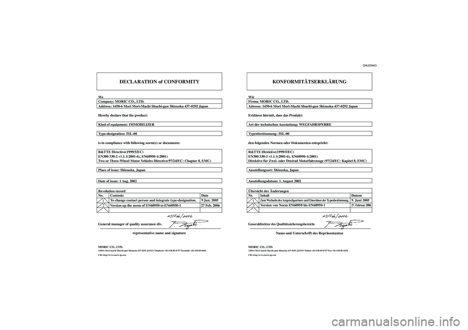 YAMAHA TDM 900 2007  Betriebsanleitungen (in German) DECLARATION of CONFORMITY
WeCompany: MORIC CO., LTD.
Address: 1450-6 Mori Mori-Machi Shuchi-gun Shizuoka 437-0292 Japan
Hereby declare that the product:
Kind of equipment: IMMOBILIZER
Type-designation