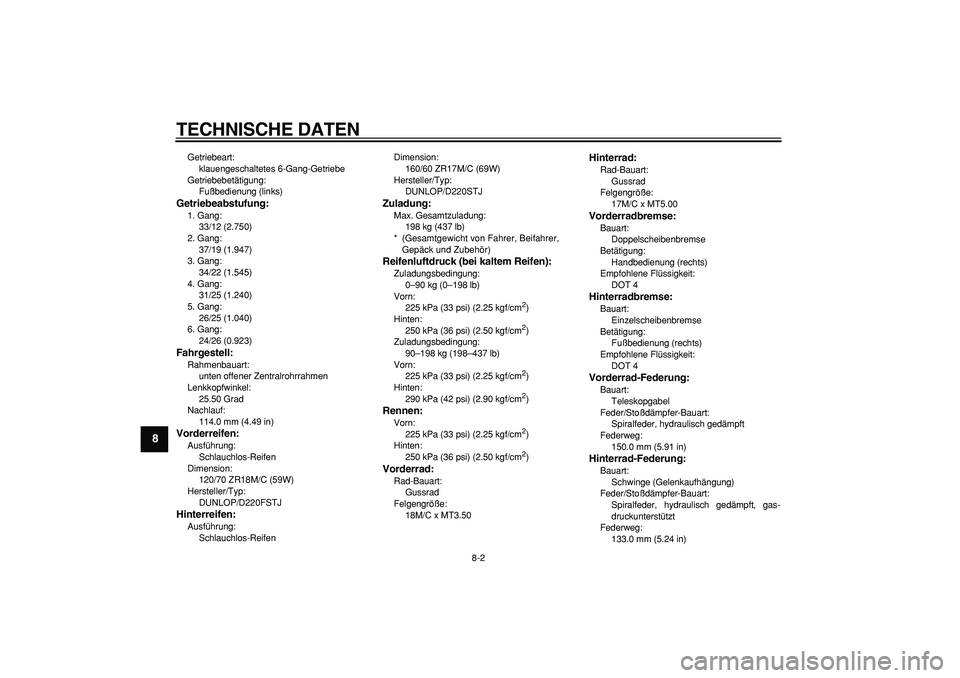 YAMAHA TDM 900 2007  Betriebsanleitungen (in German)  
TECHNISCHE DATEN 
8-2 
1
2
3
4
5
6
7
8
9
 
Getriebeart: 
klauengeschaltetes 6-Gang-Getriebe
Getriebebetätigung: 
Fußbedienung (links) 
Getriebeabstufung: 
1. Gang: 
33/12 (2.750)
2. Gang: 
37/19 (