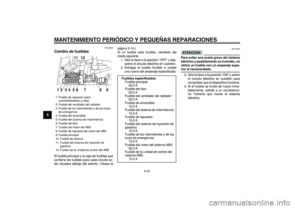YAMAHA TDM 900 2007  Manuale de Empleo (in Spanish)  
MANTENIMIENTO PERIÓDICO Y PEQUEÑAS REPARACIONES 
6-30 
1
2
3
4
5
6
7
8
9
 
SAU23624 
Cambio de fusibles  
El fusible principal y la caja de fusibles que
contiene los fusibles para cada circuito es