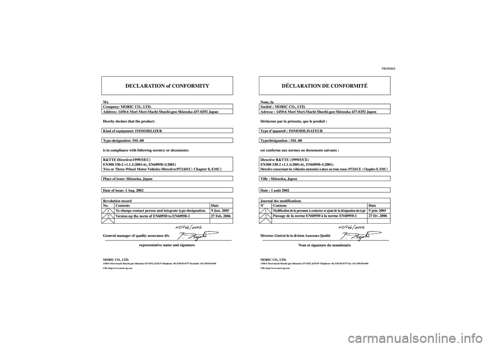 YAMAHA TDM 900 2007  Notices Demploi (in French) DECLARATION of CONFORMITY
WeCompany: MORIC CO., LTD.
Address: 1450-6 Mori Mori-Machi Shuchi-gun Shizuoka 437-0292 Japan
Hereby declare that the product:
Kind of equipment: IMMOBILIZER
Type-designation