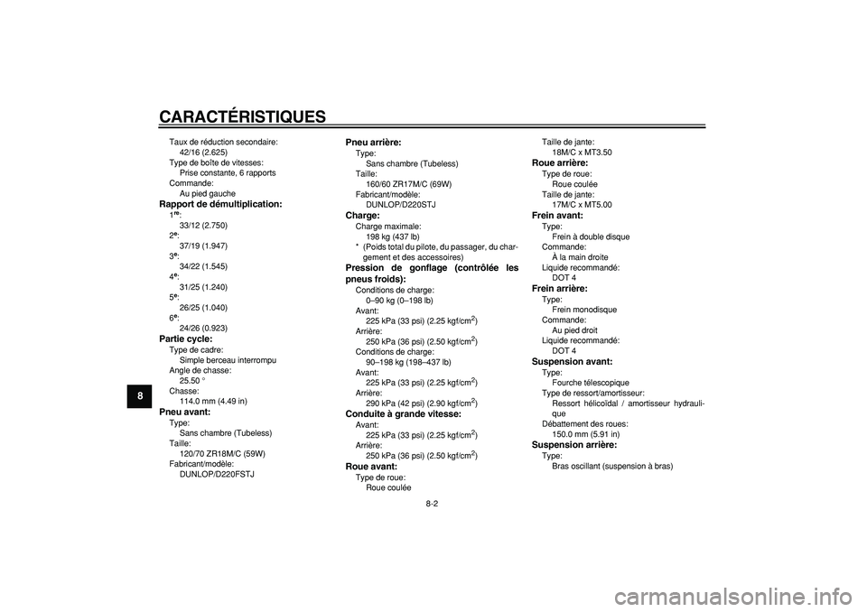 YAMAHA TDM 900 2007  Notices Demploi (in French)  
CARACTÉRISTIQUES 
8-2 
1
2
3
4
5
6
7
8
9
 
Taux de réduction secondaire: 
42/16 (2.625)
Type de boîte de vitesses: 
Prise constante, 6 rapports
Commande: 
Au pied gauche 
Rapport de démultiplica