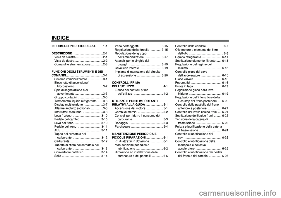 YAMAHA TDM 900 2007  Manuale duso (in Italian)  
INDICE
 
INFORMAZIONI DI SICUREZZA 
 .......1-1 
DESCRIZIONE 
 ...................................2-1
Vista da sinistra ................................2-1
Vista da destra...........................