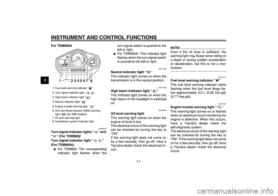 YAMAHA TDM 900 2006  Owners Manual  
INSTRUMENT AND CONTROL FUNCTIONS 
3-4 
1
2
3
4
5
6
7
8
9For TDM900A
 
EAU38572 
Turn signal indicator lights “” and 
“” (For TDM900)/
Turn signal indicator light “” 
(For TDM900A)  
 
F