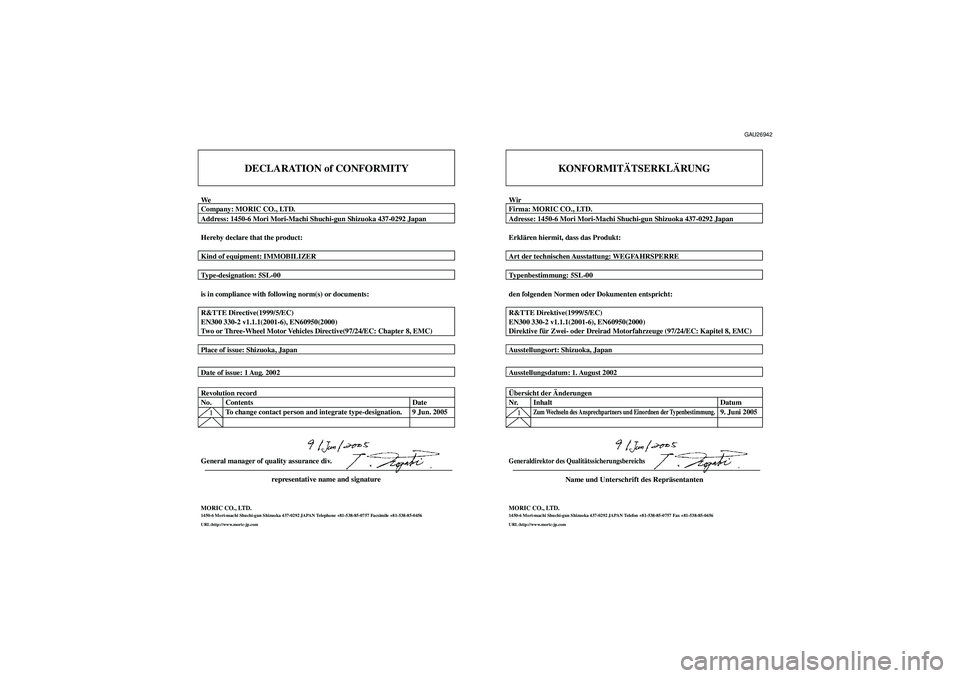 YAMAHA TDM 900 2006  Betriebsanleitungen (in German) DECLARATION of CONFORMITY
WeCompany: MORIC CO., LTD.
Address: 1450-6 Mori Mori-Machi Shuchi-gun Shizuoka 437-0292 Japan
Hereby declare that the product:
Kind of equipment: IMMOBILIZER
Type-designation