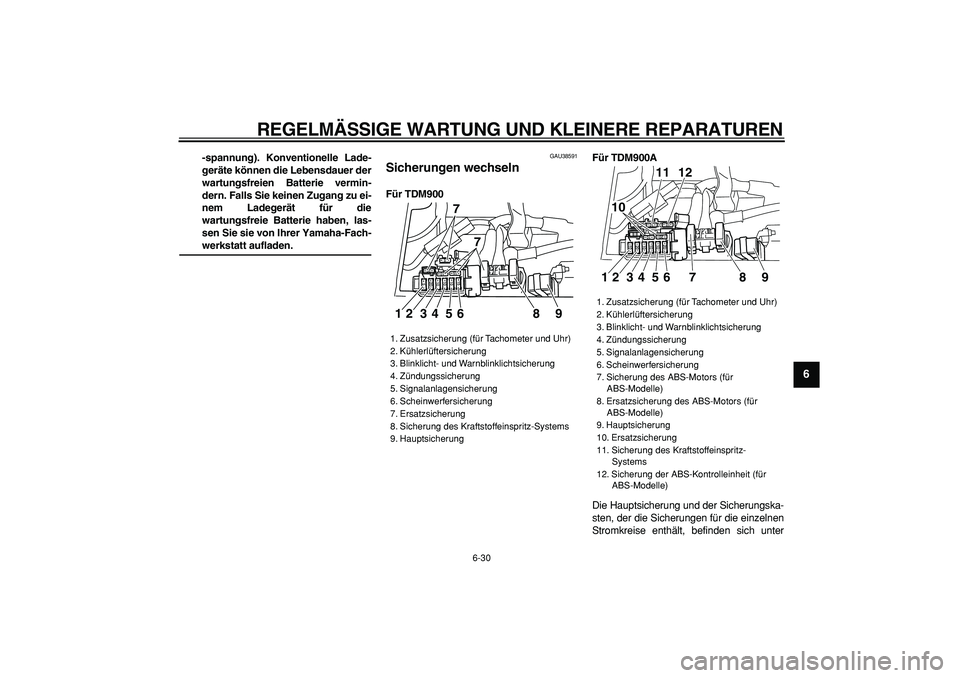 YAMAHA TDM 900 2006 Betriebsanleitungen (in German)
REGELMÄSSIGE WARTUNG UND KLEINERE REPARATUREN
6-30
2
3
4
5
67
8
9
-spannung). Konventionelle Lade-
geräte können die Lebensdauer der
wartungsfreien Batterie vermin-
dern. Falls Sie keinen Zug YAMAHA TDM 900 2006 Betriebsanleitungen (in German)
REGELMÄSSIGE WARTUNG UND KLEINERE REPARATUREN
6-30
2
3
4
5
67
8
9
-spannung). Konventionelle Lade-
geräte können die Lebensdauer der
wartungsfreien Batterie vermin-
dern. Falls Sie keinen Zug