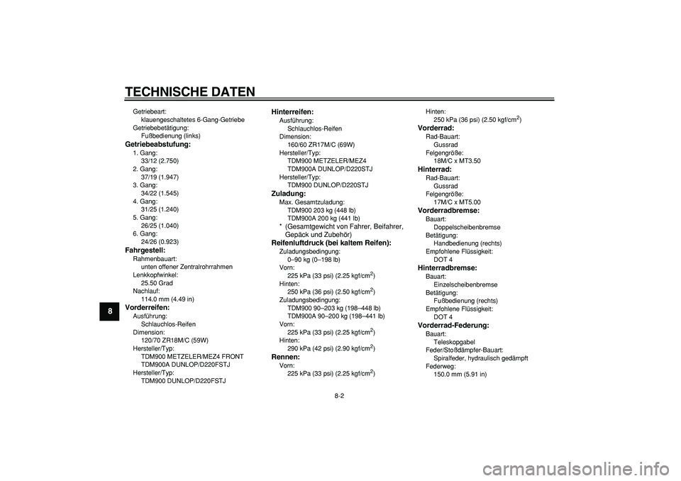 YAMAHA TDM 900 2006  Betriebsanleitungen (in German)  
TECHNISCHE DATEN 
8-2 
1
2
3
4
5
6
7
8
9
 
Getriebeart: 
klauengeschaltetes 6-Gang-Getriebe
Getriebebetätigung: 
Fußbedienung (links) 
Getriebeabstufung: 
1. Gang: 
33/12 (2.750)
2. Gang: 
37/19 (