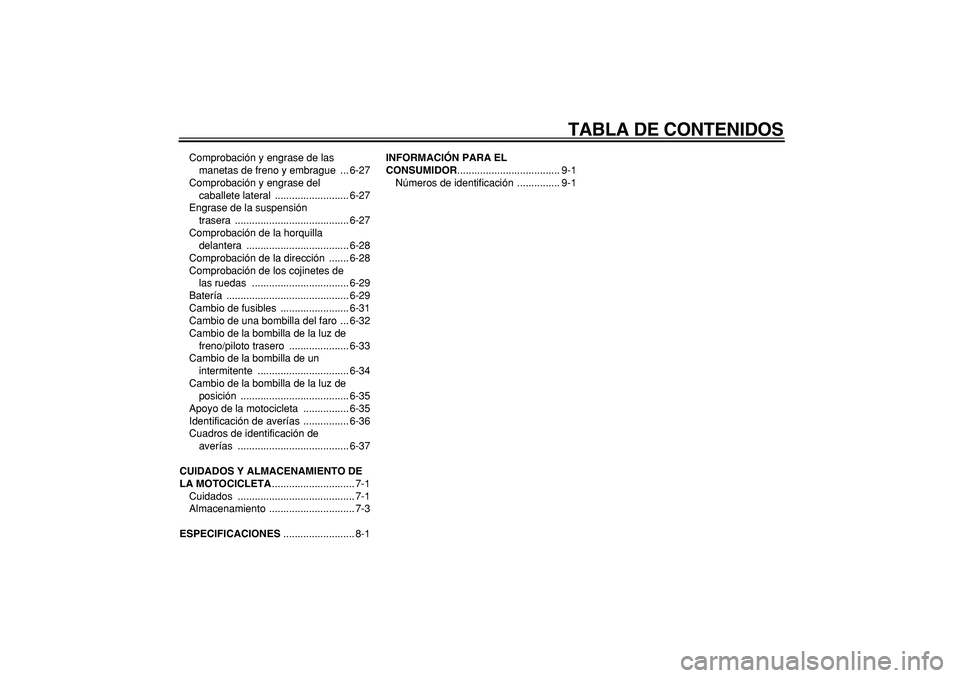 YAMAHA TDM 900 2006  Manuale de Empleo (in Spanish)  
TABLA DE CONTENIDOS 
Comprobación y engrase de las 
manetas de freno y embrague  ... 6-27
Comprobación y engrase del 
caballete lateral  .......................... 6-27
Engrase de la suspensión 
