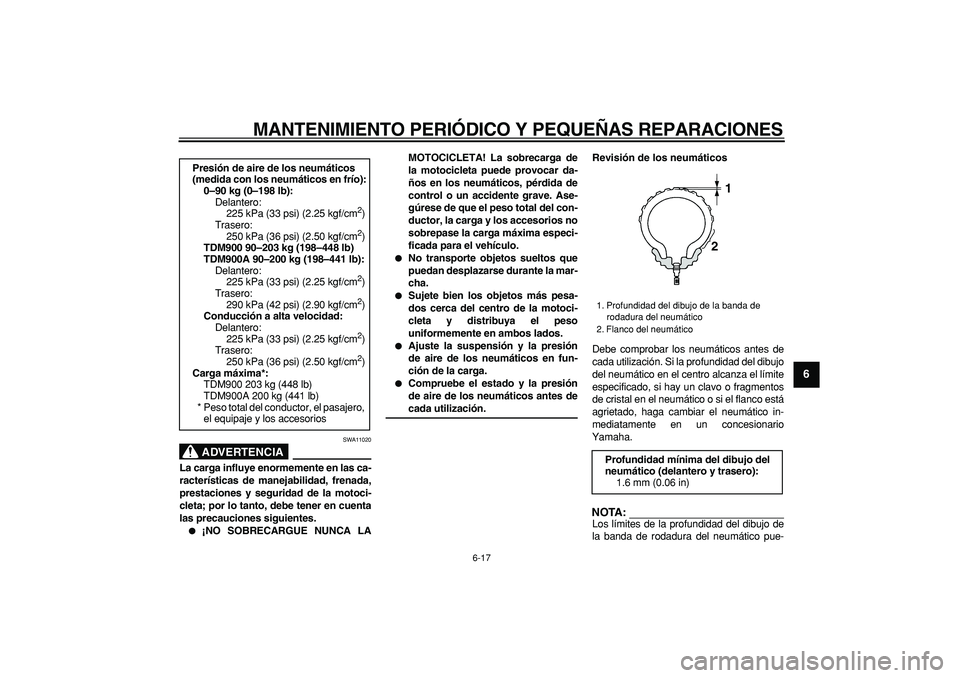 YAMAHA TDM 900 2006  Manuale de Empleo (in Spanish)  
MANTENIMIENTO PERIÓDICO Y PEQUEÑAS REPARACIONES 
6-17 
2
3
4
5
67
8
9
ADVERTENCIA
 
SWA11020 
La carga influye enormemente en las ca-
racterísticas de manejabilidad, frenada,
prestaciones y segur