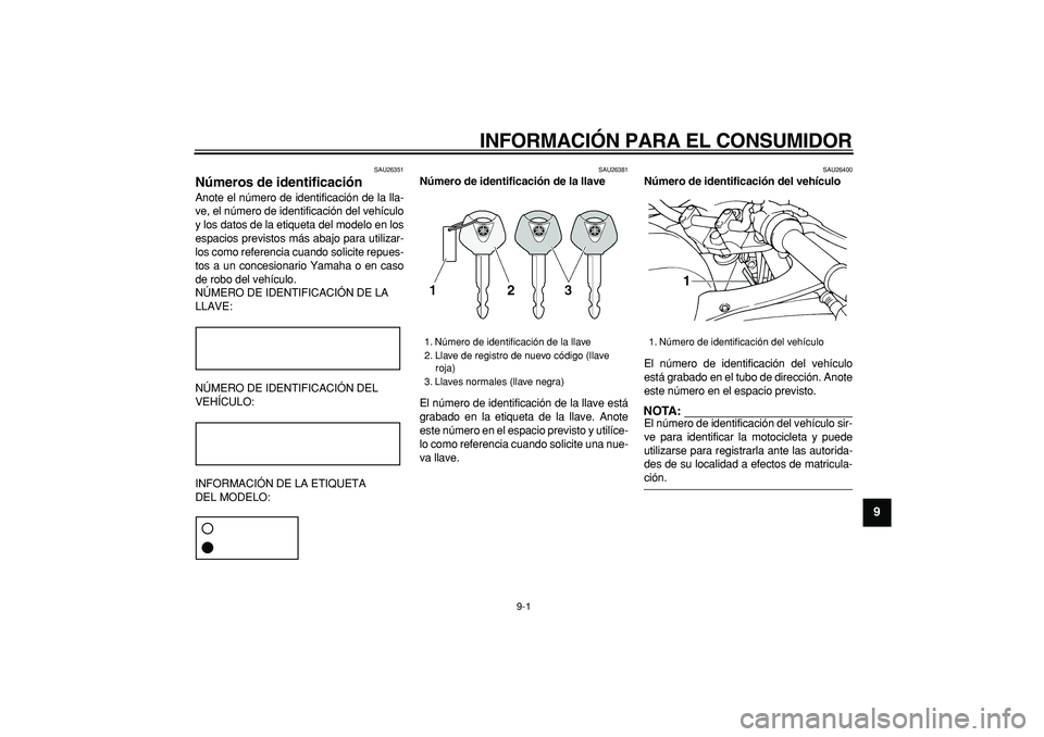 YAMAHA TDM 900 2006  Manuale de Empleo (in Spanish)  
9-1 
2
3
4
5
6
7
8
9
 
INFORMACIÓN PARA EL CONSUMIDOR 
SAU26351 
Números de identificación  
Anote el número de identificación de la lla-
ve, el número de identificación del vehículo
y los d