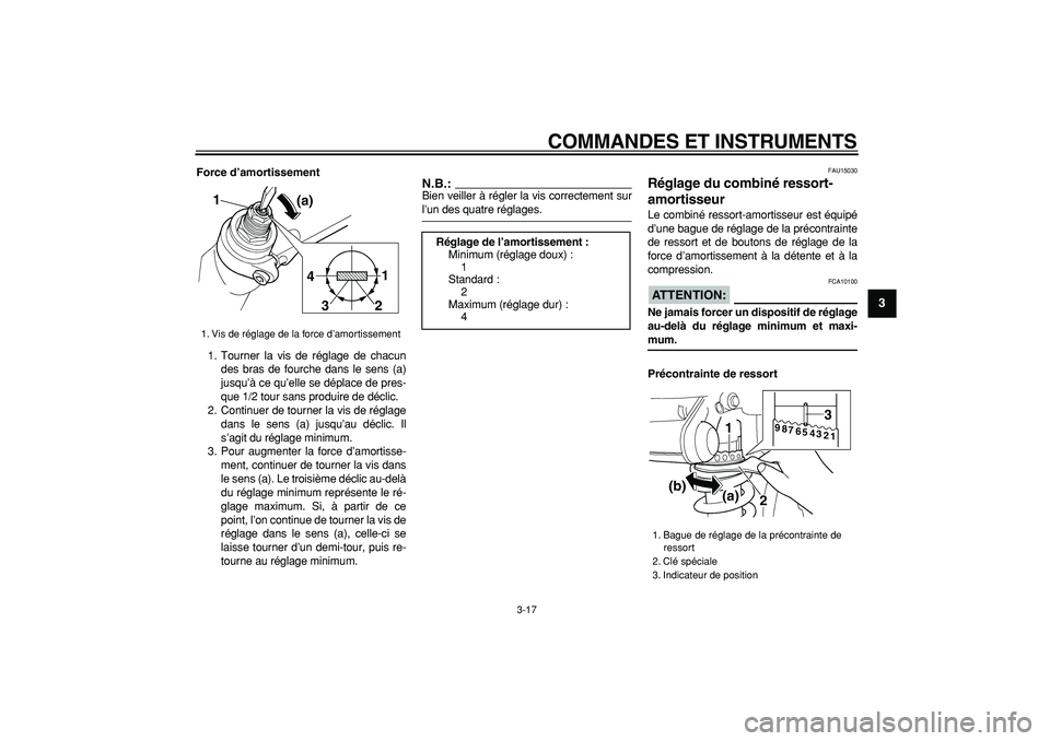 YAMAHA TDM 900 2006  Notices Demploi (in French)  
COMMANDES ET INSTRUMENTS 
3-17 
2
34
5
6
7
8
9
 
Force d’amortissement 
1. Tourner la vis de réglage de chacun
des bras de fourche dans le sens (a)
jusqu’à ce qu’elle se déplace de pres-
qu