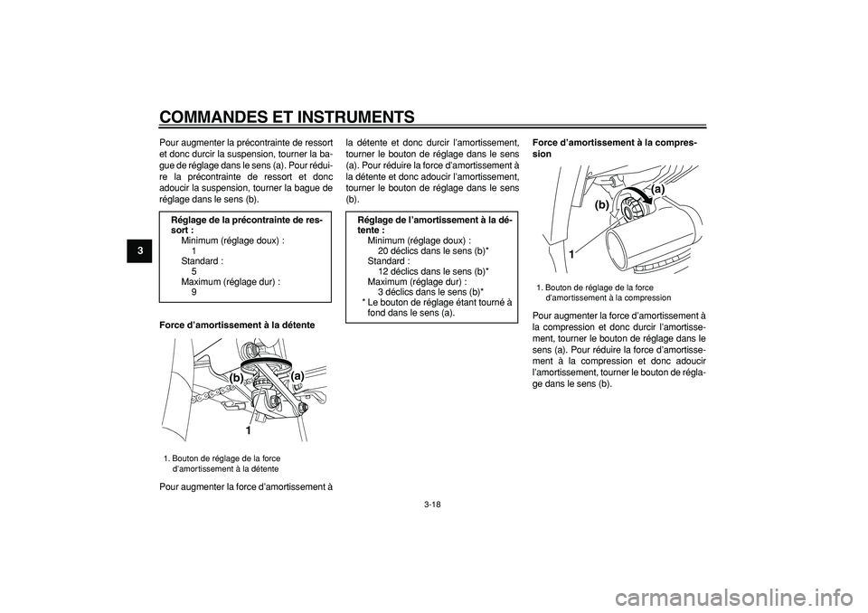 YAMAHA TDM 900 2006  Notices Demploi (in French)  
COMMANDES ET INSTRUMENTS 
3-18 
1
2
3
4
5
6
7
8
9
 
Pour augmenter la précontrainte de ressort
et donc durcir la suspension, tourner la ba-
gue de réglage dans le sens (a). Pour rédui-
re la pré