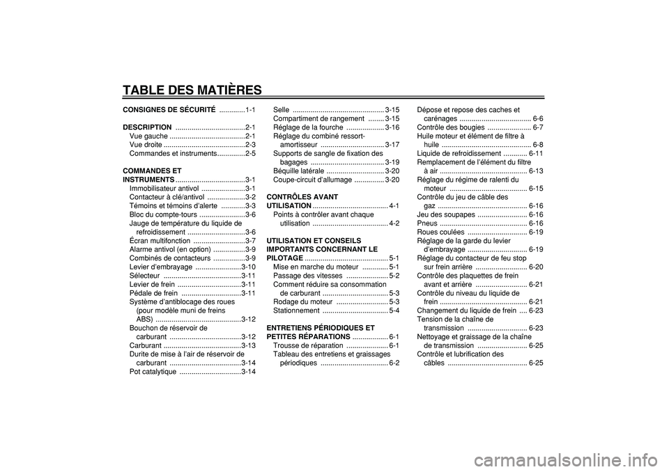 YAMAHA TDM 900 2006 Notices Demploi (in French)
TABLE DES MATIÈRES
CONSIGNES DE SÉCURITÉ
.............1-1
DESCRIPTION
...................................2-1
Vue gauche ......................................2-1
Vue droite ................ YAMAHA TDM 900 2006 Notices Demploi (in French)
TABLE DES MATIÈRES
CONSIGNES DE SÉCURITÉ
.............1-1
DESCRIPTION
...................................2-1
Vue gauche ......................................2-1
Vue droite ................