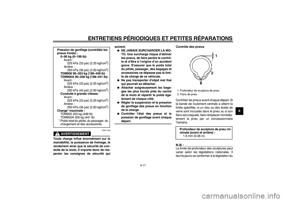 YAMAHA TDM 900 2006  Notices Demploi (in French)  
ENTRETIENS PÉRIODIQUES ET PETITES RÉPARATIONS 
6-17 
2
3
4
5
67
8
9
AVERTISSEMENT
 
FWA11020 
Toute charge influe énormément sur la
maniabilité, la puissance de freinage, le
rendement ainsi que