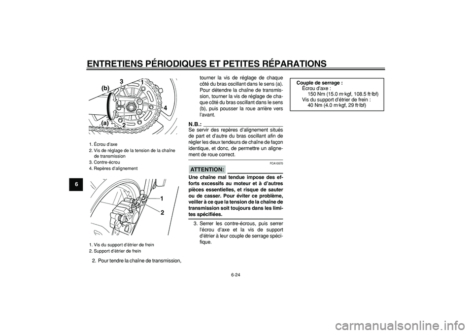 YAMAHA TDM 900 2006  Notices Demploi (in French)  
ENTRETIENS PÉRIODIQUES ET PETITES RÉPARATIONS 
6-24 
1
2
3
4
5
6
7
8
9
 
2. Pour tendre la chaîne de transmission,tourner la vis de réglage de chaque
côté du bras oscillant dans le sens (a).
P