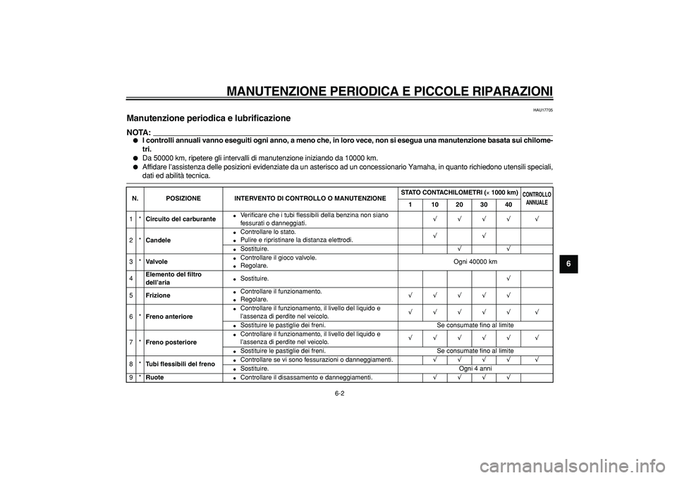 YAMAHA TDM 900 2006  Manuale duso (in Italian)  
MANUTENZIONE PERIODICA E PICCOLE RIPARAZIONI
 6-2  2
3
4
5
67
8
9
  HAU17705 
Manutenzione periodica e lubrificazione 
NOTA:
 
 
I controlli annuali vanno eseguiti ogni anno, a meno che, in loro ve