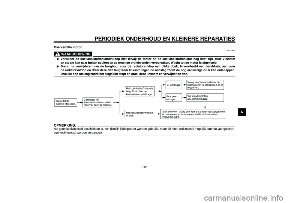 YAMAHA TDM 900 2006  Instructieboekje (in Dutch)  
PERIODIEK ONDERHOUD EN KLEINERE REPARATIES 
6-35  2
3
4
5
67
8
9
 
Oververhitte motor
WAARSCHUWING
 
DWA10400 
 
Verwijder de koelvloeistofradiatorvuldop niet terwijl de motor en de koe\
lvloeistof