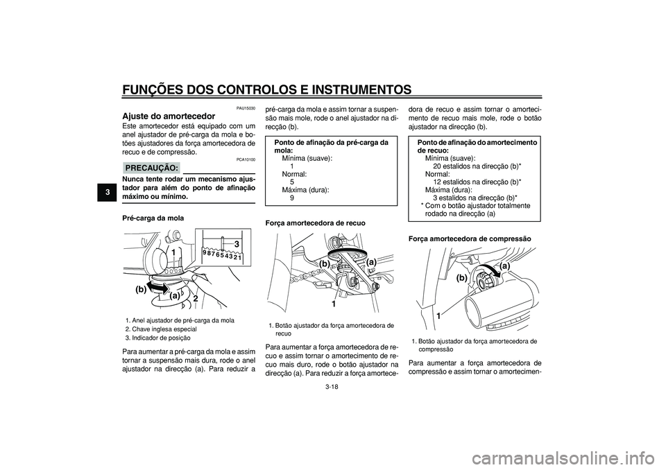 YAMAHA TDM 900 2006  Manual de utilização (in Portuguese)  
FUNÇÕES DOS CONTROLOS E INSTRUMENTOS 
3-18 
1
2
3
4
5
6
7
8
9
 
PAU15030 
Ajuste do amortecedor  
Este amortecedor está equipado com um
anel ajustador de pré-carga da mola e bo-
tões ajustadore