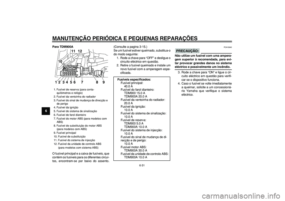 YAMAHA TDM 900 2006  Manual de utilização (in Portuguese)  
MANUTENÇÃO PERIÓDICA E PEQUENAS REPARAÇÕES 
6-31 
1
2
3
4
5
6
7
8
9
 
Para TDM900A 
O fusível principal e a caixa de fusíveis, que
contém os fusíveis para os diferentes circui-
tos, encontr