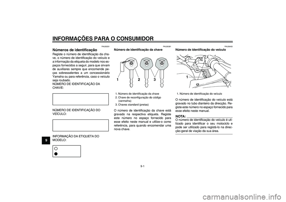 YAMAHA TDM 900 2006  Manual de utilização (in Portuguese)  
9-1 
1
2
3
4
5
6
7
8
9
 
INFORMAÇÕES PARA O CONSUMIDOR 
PAU26351 
Números de identificação  
Registe o número de identificação da cha-
ve, o número de identificação do veículo e
a inform