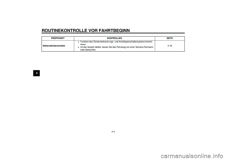 YAMAHA TDM 900 2005  Betriebsanleitungen (in German)  
ROUTINEKONTROLLE VOR FAHRTBEGINN 
4-4 
1
2
3
4
5
6
7
8
9
 
Seitenständerschalter 
 
Funktion des Zündunterbrechungs- und Anlaßsperrschaltersystems kontrol-
lieren. 
 
Ist das System defekt, las
