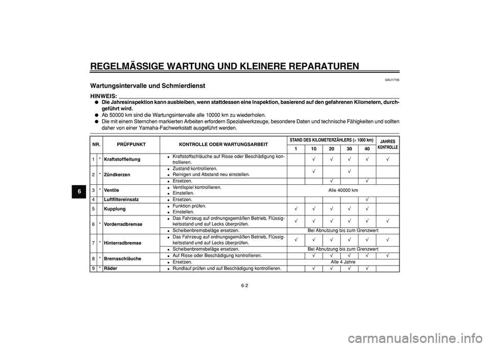 YAMAHA TDM 900 2005  Betriebsanleitungen (in German)  
REGELMÄSSIGE WARTUNG UND KLEINERE REPARATUREN 
6-2 
1
2
3
4
5
6
7
8
9
 
GAU17705 
Wartungsintervalle und Schmierdienst 
HINWEIS:
 
 
Die Jahresinspektion kann ausbleiben, wenn stattdessen eine Ins