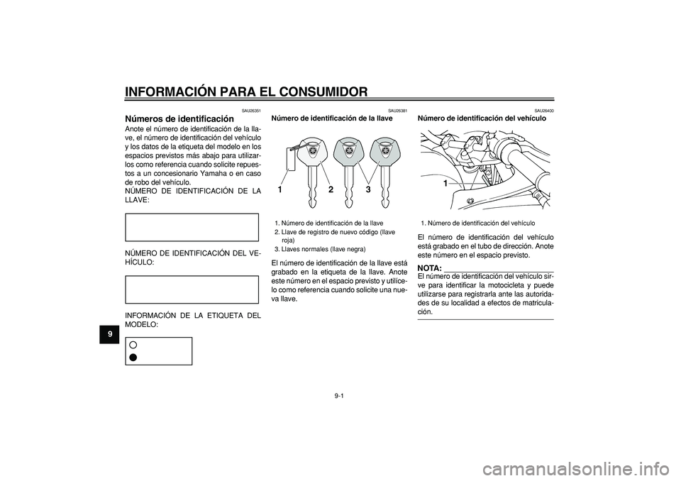 YAMAHA TDM 900 2005 Manuale de Empleo (in Spanish)
9-1
1
2
3
4
5
6
7
8
9
INFORMACIÓN PARA EL CONSUMIDOR
SAU26351
Números de identificación
Anote el número de identificación de la lla-
ve, el número de identificación del vehículo
y los YAMAHA TDM 900 2005 Manuale de Empleo (in Spanish)
9-1
1
2
3
4
5
6
7
8
9
INFORMACIÓN PARA EL CONSUMIDOR
SAU26351
Números de identificación
Anote el número de identificación de la lla-
ve, el número de identificación del vehículo
y los